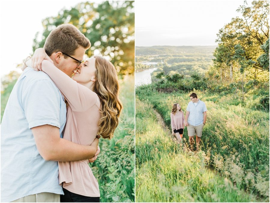 Barn Bluff Engagement Session in Red Wing, MN with couple holding hands