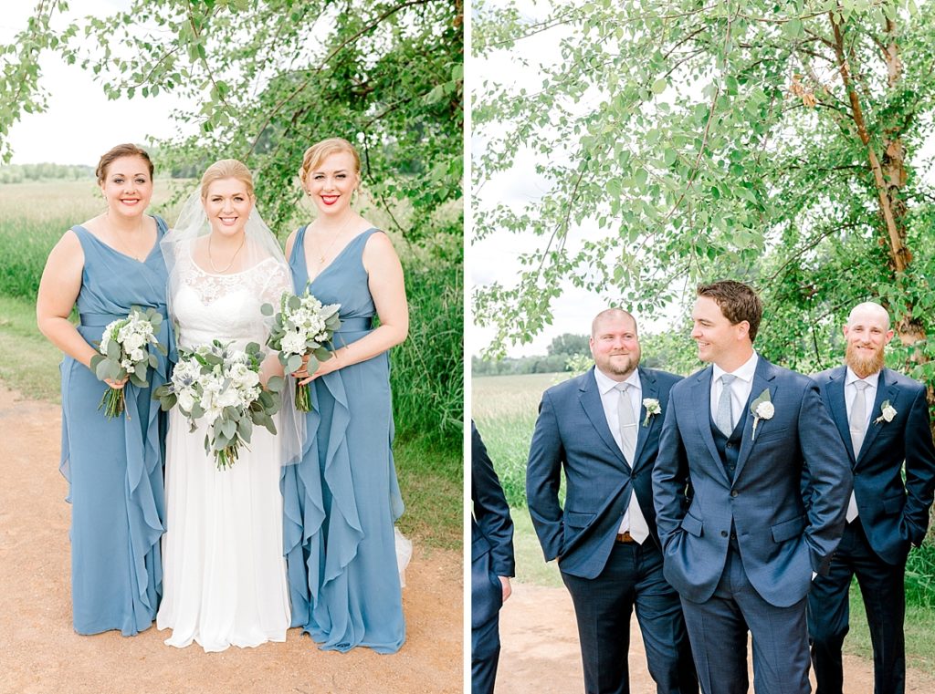laughing bridal party pictures in steel blue long dresses next to groomsmen walking picture