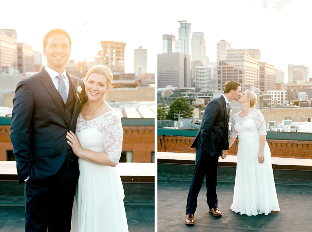 wedding pictures on day block event center rooftop in front of minneapolis downtown skyline